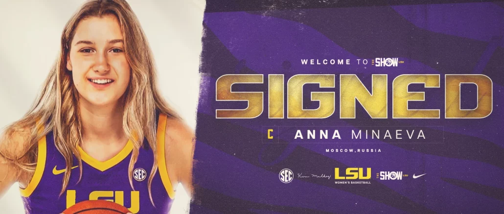 Portrait of a smiling female basketball player in an LSU purple-and-gold jersey holding a basketball, on a signing poster that reads 'SIGNED' with the name Anna Minaeva.