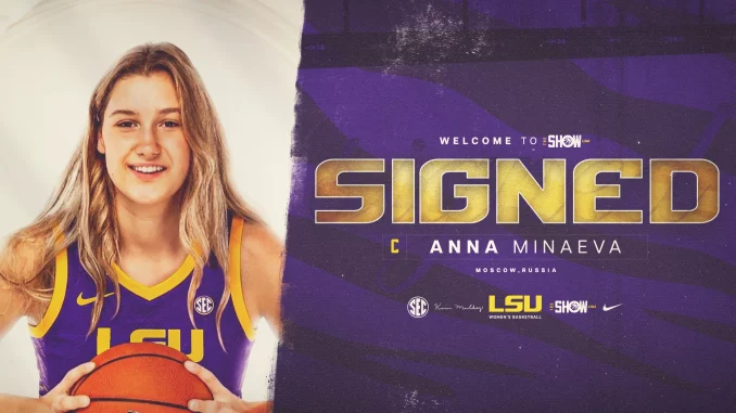 Portrait of a smiling female basketball player in an LSU purple-and-gold jersey holding a basketball, on a signing poster that reads 'SIGNED' with the name Anna Minaeva.