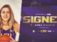 Portrait of a smiling female basketball player in an LSU purple-and-gold jersey holding a basketball, on a signing poster that reads 'SIGNED' with the name Anna Minaeva.