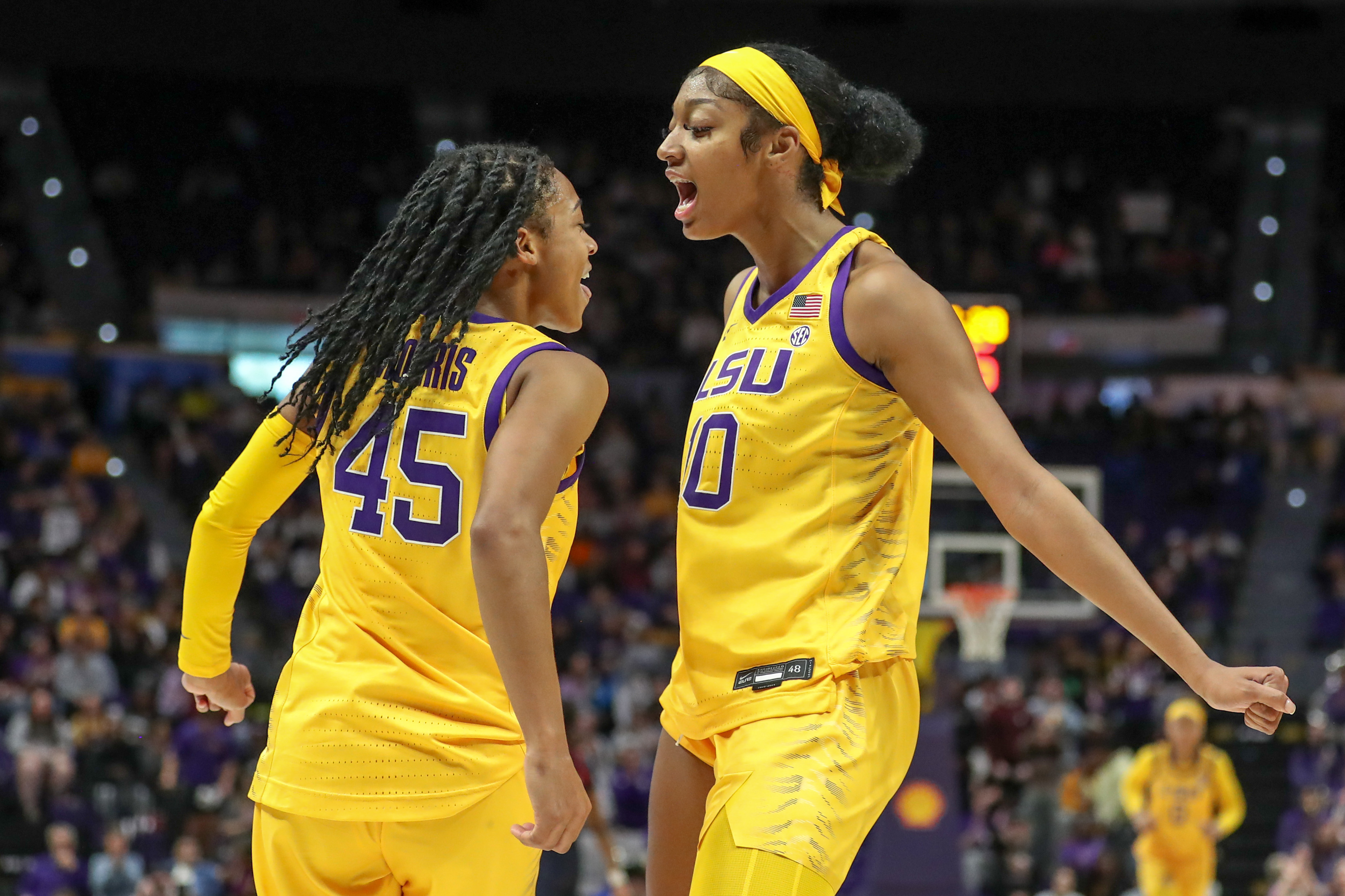 LSU's Angel Reese (10) and Alexis Morris (45) celebrate a big play vs. Auburn