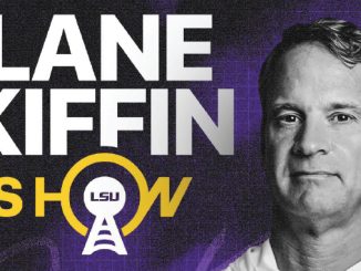 Promotional graphic for a show with large 'LANE KIFFIN SHOW' text, LSU logo, and a man’s photo on the right against a purple background.