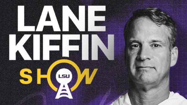 Promotional graphic for a show with large 'LANE KIFFIN SHOW' text, LSU logo, and a man’s photo on the right against a purple background.
