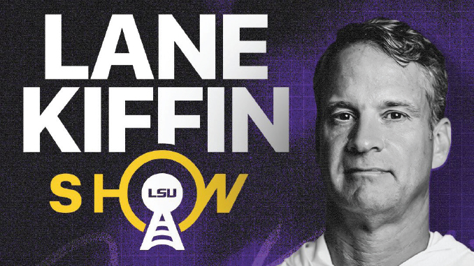 Promotional graphic for a show with large 'LANE KIFFIN SHOW' text, LSU logo, and a man’s photo on the right against a purple background.
