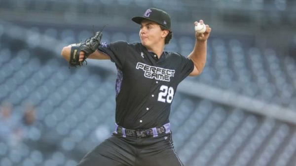 Male baseball pitcher in a black uniform with number 28, mid-throw on the mound at a stadium.