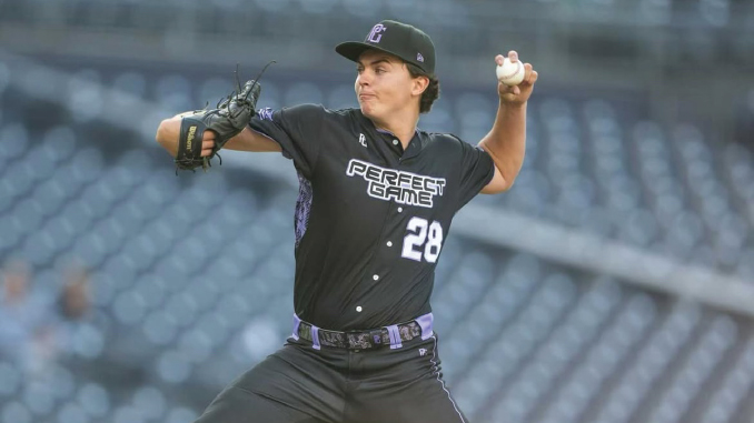 Male baseball pitcher in a black uniform with number 28, mid-throw on the mound at a stadium.