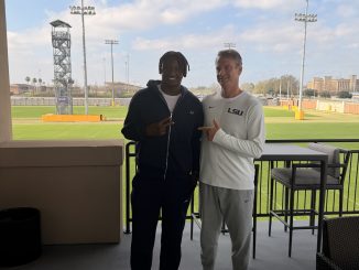 Malachi Thomas, new LSU transfer tight end and head coach Lane Kiffin