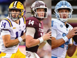 Collage of four college football players in action, each in a different uniform: yellow and purple, maroon, light blue, and black/gold.