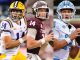 Collage of four college football players in action, each in a different uniform: yellow and purple, maroon, light blue, and black/gold.