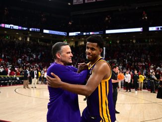 LSU coach Matt McMahon and Jordan Wright