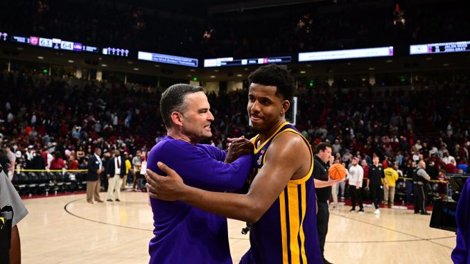 LSU coach Matt McMahon and Jordan Wright