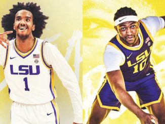 Split image of two LSU basketball players in white and purple uniforms on a bright yellow backdrop; left shows #1 posing with a smile, right shows #10 driving forward.