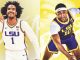 Split image of two LSU basketball players in white and purple uniforms on a bright yellow backdrop; left shows #1 posing with a smile, right shows #10 driving forward.