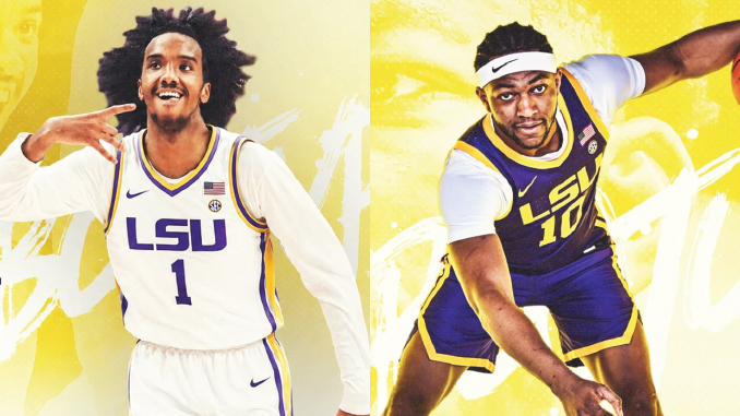 Split image of two LSU basketball players in white and purple uniforms on a bright yellow backdrop; left shows #1 posing with a smile, right shows #10 driving forward.