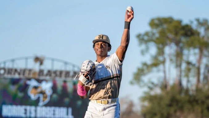 Baseball pitcher raises his arm in triumph after a strikeout on the field with a blurred stadium in the background.
