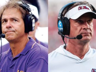 Side-by-side images of two football coaches wearing headset microphones on the sidelines; left coach in a purple polo, right coach in a white hoodie and cap.