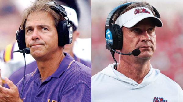 Side-by-side images of two football coaches wearing headset microphones on the sidelines; left coach in a purple polo, right coach in a white hoodie and cap.