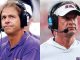 Side-by-side images of two football coaches wearing headset microphones on the sidelines; left coach in a purple polo, right coach in a white hoodie and cap.
