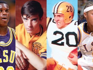 Collage of four LSU athletes from different eras and sports in purple and gold uniforms.