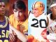 Collage of four LSU athletes from different eras and sports in purple and gold uniforms.