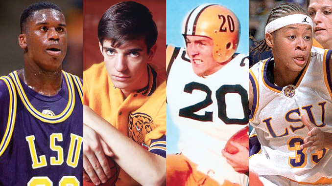 Collage of four LSU athletes from different eras and sports in purple and gold uniforms.
