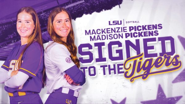 LSU softball banner announcing Mackenzie Pickens and Madison Pickens signing with the Tigers, with two players posing in purple uniforms.