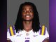 Portrait of an LSU football player in a white uniform with purple and gold stripes, posed against a gray backdrop, smiling at the camera.”] }? Wait format expects array of strings under altTexts. Let's produce multiple items. Need valid JSON. Ensure proper quotes. Let's do: {