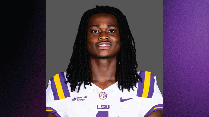 Portrait of an LSU football player in a white uniform with purple and gold stripes, posed against a gray backdrop, smiling at the camera.”] }? Wait format expects array of strings under altTexts. Let's produce multiple items. Need valid JSON. Ensure proper quotes. Let's do: {