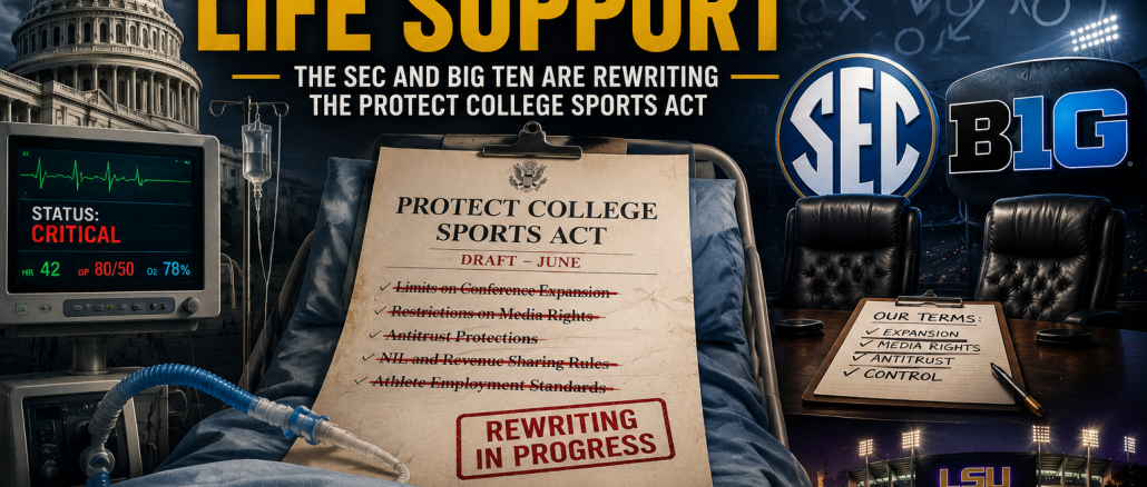 Poster-style collage showing 'The Bill is on Life Support' with SEC and Big Ten logos, a hospital bed, and a clipboard reading 'Rewriting in Progress' while LSU stadium branding appears at bottom-right.