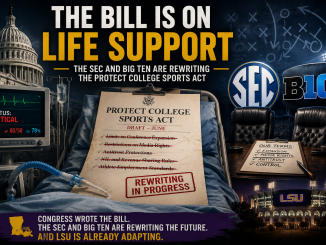 Poster-style collage showing 'The Bill is on Life Support' with SEC and Big Ten logos, a hospital bed, and a clipboard reading 'Rewriting in Progress' while LSU stadium branding appears at bottom-right.