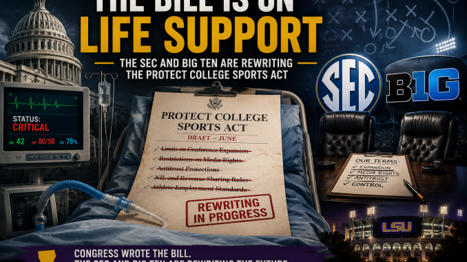 Poster-style collage showing 'The Bill is on Life Support' with SEC and Big Ten logos, a hospital bed, and a clipboard reading 'Rewriting in Progress' while LSU stadium branding appears at bottom-right.