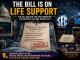 Poster-style collage showing 'The Bill is on Life Support' with SEC and Big Ten logos, a hospital bed, and a clipboard reading 'Rewriting in Progress' while LSU stadium branding appears at bottom-right.
