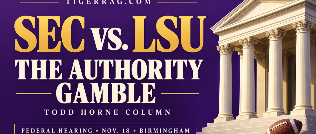 Poster-style banner: 'SEC vs. LSU – The Authority Gamble' with a temple façade on the right and a football on the steps against a purple background, by Todd Horne.