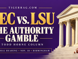 Poster-style banner: 'SEC vs. LSU – The Authority Gamble' with a temple façade on the right and a football on the steps against a purple background, by Todd Horne.
