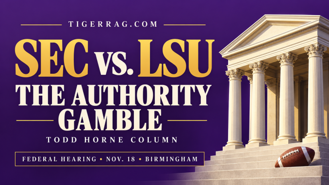 Poster-style banner: 'SEC vs. LSU – The Authority Gamble' with a temple façade on the right and a football on the steps against a purple background, by Todd Horne.