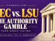 Poster-style banner: 'SEC vs. LSU – The Authority Gamble' with a temple façade on the right and a football on the steps against a purple background, by Todd Horne.