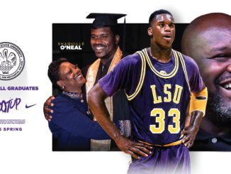 Collage-style banner for Basketball Graduates: a college basketball player in an LSU purple jersey with number 33 stands center, flanked by a smiling man and a larger portrait on the right; logos and the text 'Basketball Graduates' and '2026 Spring' appear on the left, conveying a graduation event.