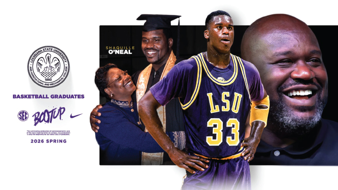Collage-style banner for Basketball Graduates: a college basketball player in an LSU purple jersey with number 33 stands center, flanked by a smiling man and a larger portrait on the right; logos and the text 'Basketball Graduates' and '2026 Spring' appear on the left, conveying a graduation event.