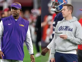 Split image of two college football coaches on the sidelines: left in LSU purple gear, right in an Ole Miss hoodie with a clipboard.