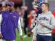 Split image of two college football coaches on the sidelines: left in LSU purple gear, right in an Ole Miss hoodie with a clipboard.