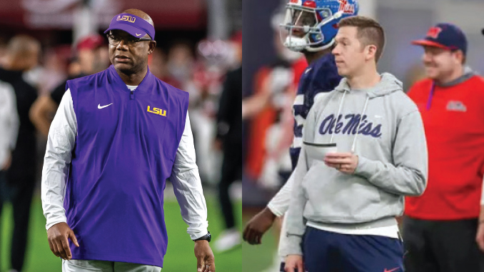 Split image of two college football coaches on the sidelines: left in LSU purple gear, right in an Ole Miss hoodie with a clipboard.