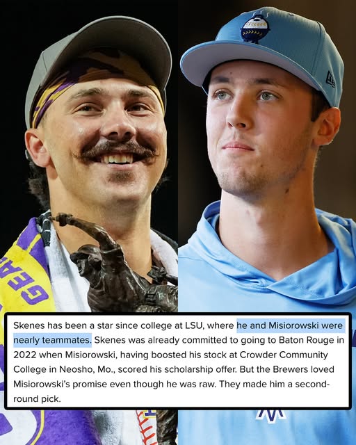 Two male baseball players posing side by side, left with a dark cap and mustache, right in a light blue cap and hoodie.