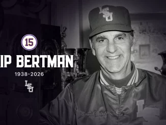 Memorial banner for Skip Bertman (1938–2026) with his black-and-white photo, LSU logo, and the number 15 badge on the left.