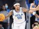 UCLA player wearing white jersey #55 dribbles the basketball during a game with defenders nearby.