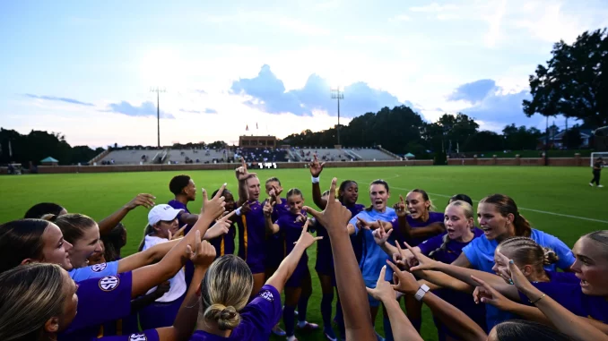Girls' soccer team in purple uniforms form a circle on the field, hands raised in celebration as crowd watches from the stands behind them at dusk.