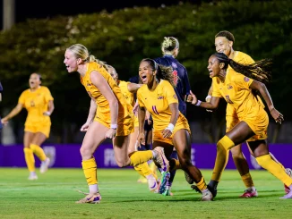 Group of LSU women's soccer players in yellow uniforms cheer and run on the field at night under stadium lights.
