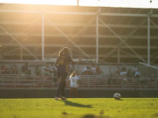Soccer player with number 14 in a dark uniform on a sunlit field, ball at her feet, stands and spectators in the background.
