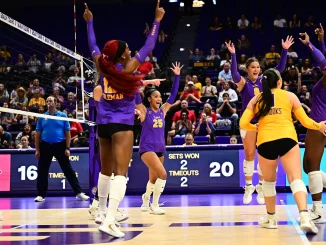 LSU women's volleyball players in purple celebrate a point on the court as fans cheer in the stands behind them.