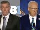 Two men giving speeches at separate podiums in a split-screen montage at a news event or conference.