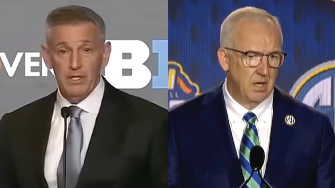 Two men giving speeches at separate podiums in a split-screen montage at a news event or conference.