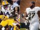 Split image of college football players: left, LSU player #14 gripping the ball in yellow pants; right, Colorado player #77 in white on the field.